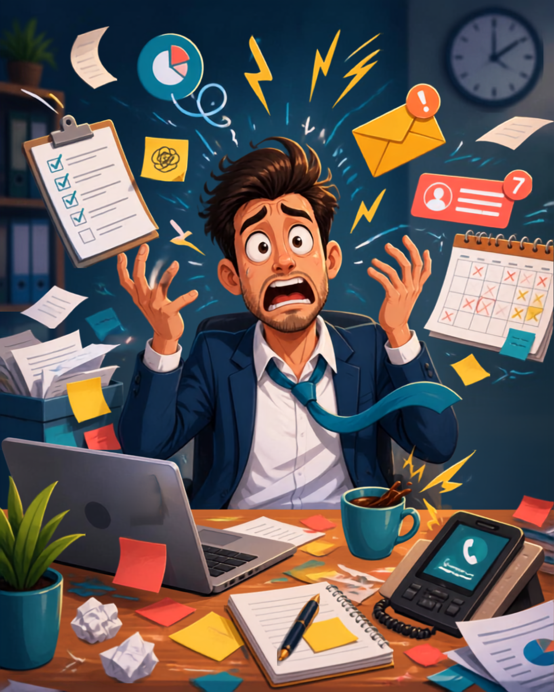 Stressed business owner cartoon because he has't implemented AI and automations.