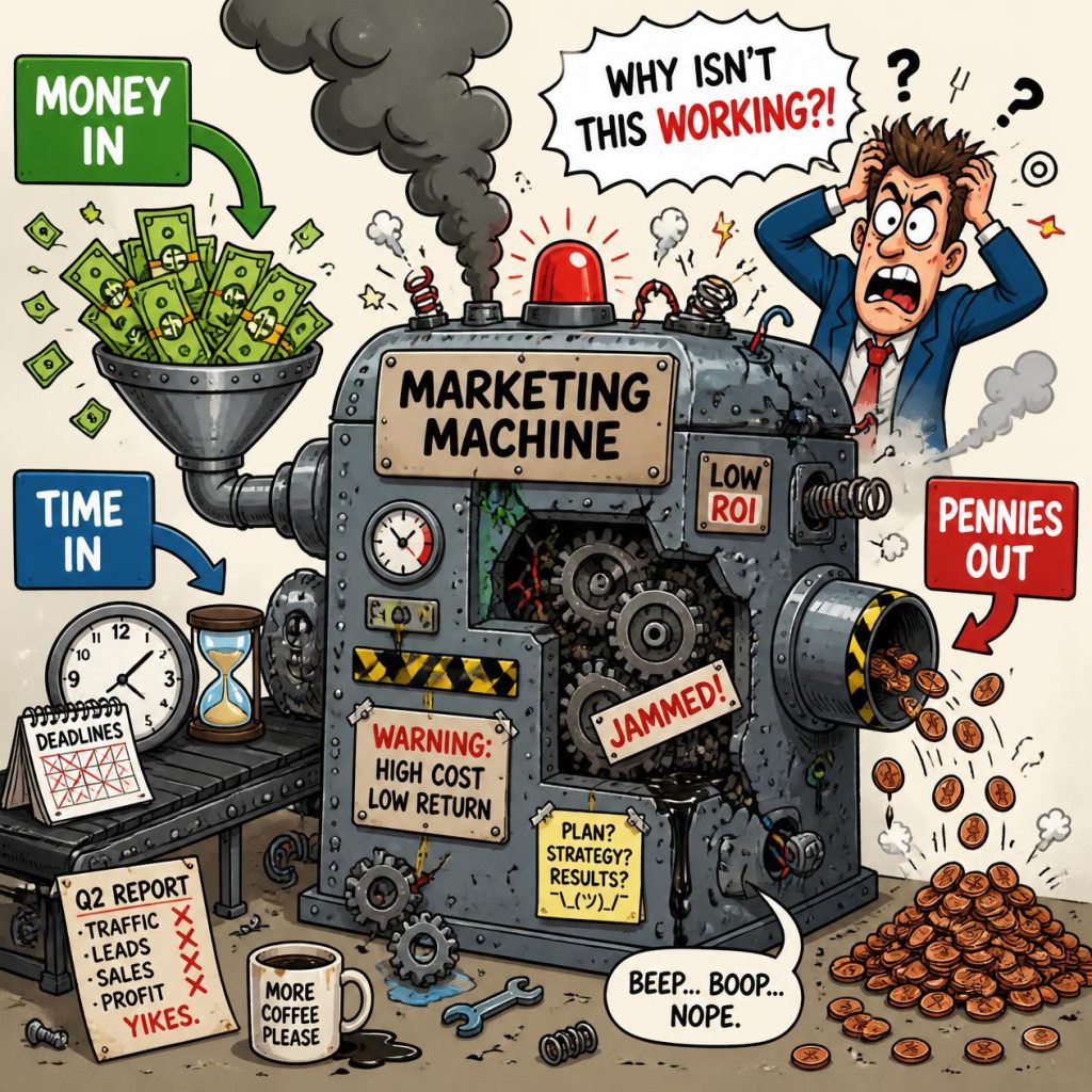 Cartoon illustration of a marketing machine breaking down because it is failing, with money and time feeding into one side of the machine and pennies being thrown into the other side. Show the machine sputtering,